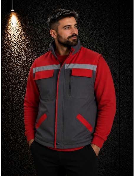 İŞ YELEĞİ (GABARDİN PAMUK TEKNİK KUMAŞ) GRİ KIRMIZI