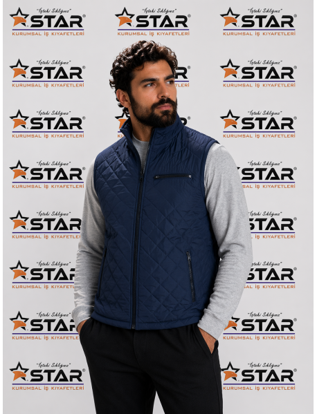 KAPİTONE BAKLAVA DESEN LACİVERT YELEK - İÇİ POLARLI