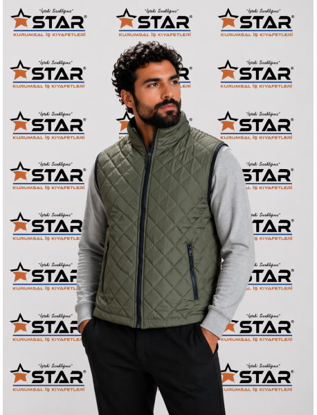 KAPİTONE BAKLAVA DESEN HAKİ YEŞİL YELEK - İÇİ POLARLI