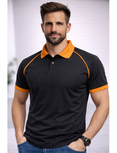 Polo Yaka T-Shirt ( YAKA VE KOL UCU RENKLİ ) Siyah Turuncu