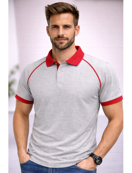 Polo Yaka T-Shirt ( YAKA VE KOL UCU RENKLİ ) Gri Kırmızı