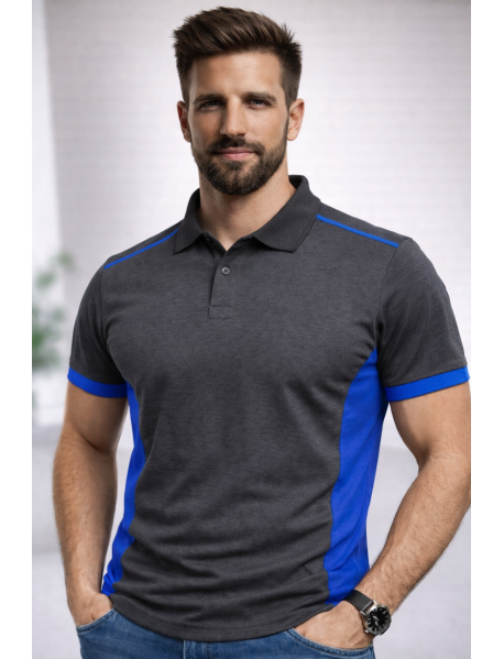 Polo Yaka T-Shirt (Koltuk altı ve kol ucu renkli) Antresit-Sax Mavi