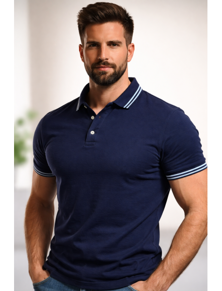 Polo Yaka T-Shirt (Yaka ve Kol Ucu Çizgili) Lacivert