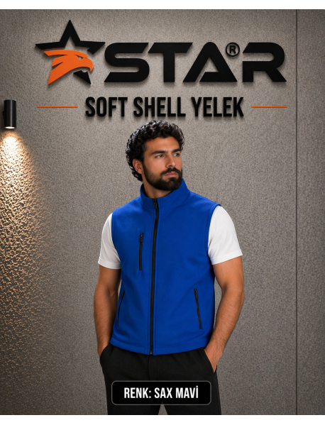 STAR SOFT SHELL YELEK - ÖNDE 3 CEP FERMUARLI - SAX MAVİ