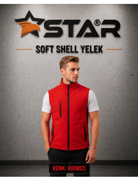 STAR SOFT SHELL YELEK - ÖNDE 3 CEP  FERMUARLI - KIRMIZI