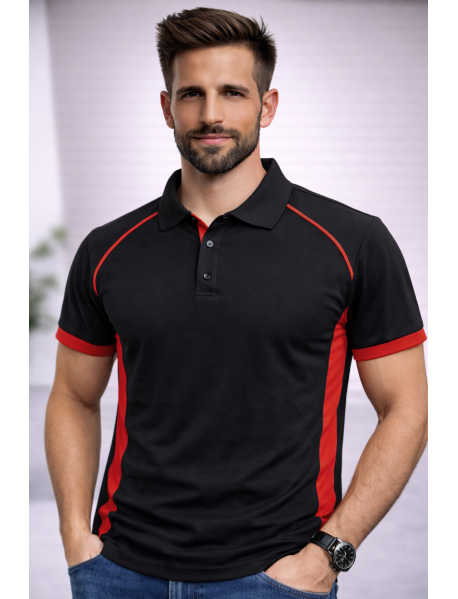 Polo Yaka T-Shirt (Koltuk altı ve kol ucu renkli) Siyah Kırmızı