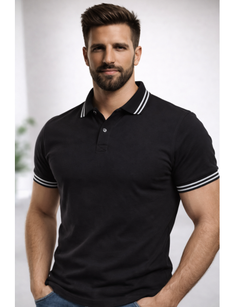 Polo Yaka T-Shirt (Yaka ve Kol Ucu Çizgili) Siyah