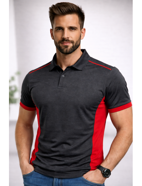 Polo Yaka T-Shirt (Koltuk altı ve kol ucu renkli) Antresit-Kırmızı