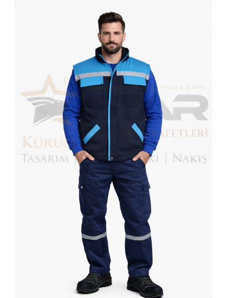 Gabardin Yelek Pantolon ve Sweat 3lü Takım (Lacivert-Turkuaz Kombin)