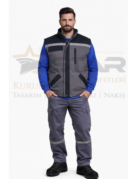 Gabardin Yelek Pantolon ve Sweat 3lü Takım (Gri-Lacivert Kombin)