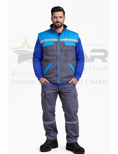 Gabardin Yelek Pantolon ve Sweat 3lü Takım (Gri-Turkuaz Kombin)