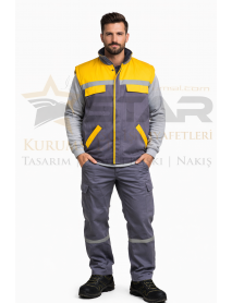 Gabardin Yelek Pantolon ve Sweat 3lü Takım (Gri-Sarı Kombin)