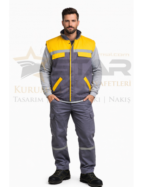 Gabardin Yelek Pantolon ve Sweat 3lü Takım (Gri-Sarı Kombin)