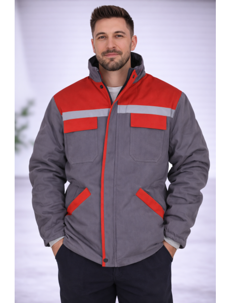 Teknik İş Montu Gabardin 7/7 Kumaş- Gri Kırmızı Detaylı