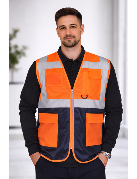 MÜHENDİS TİPİ İKAZ YELEĞİ - MÜHENDİS ŞANTİYE YELEĞİ- TURUNCU LACİVERT