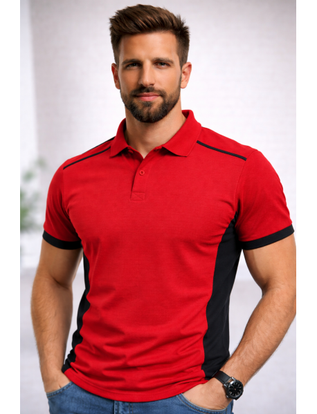 Polo Yaka T-Shirt (Koltuk altı ve kol ucu renkli) Kırmızı-Siyah